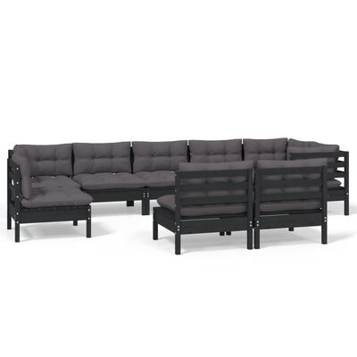 vidaXL 9 Piece Garden Lounge Set with Cushions Black Solid Pinewood