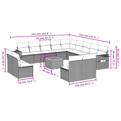 vidaXL 14 Piece Garden Sofa Set with Cushions Grey Poly Rattan