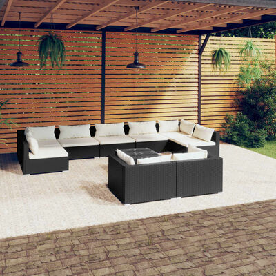 vidaXL 10 Piece Garden Lounge Set with Cushions Black Poly Rattan