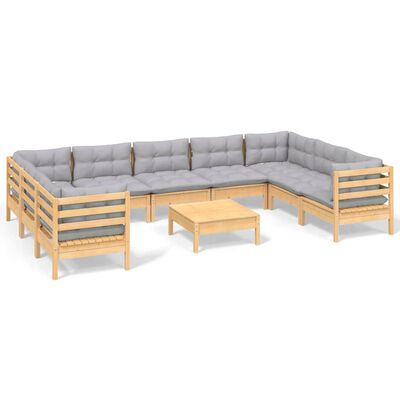 vidaXL 10 Piece Garden Lounge Set with Grey Cushions Pinewood