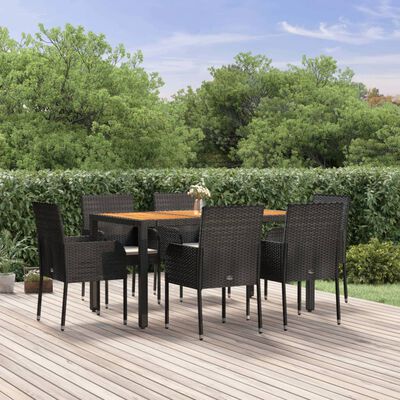 vidaXL 7 Piece Garden Dining Set with Cushions Black Poly Rattan