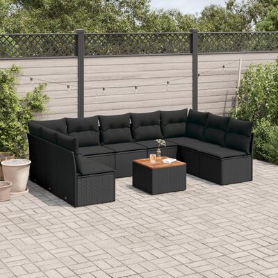 vidaXL 10 Piece Garden Sofa Set with Cushions Black Poly Rattan