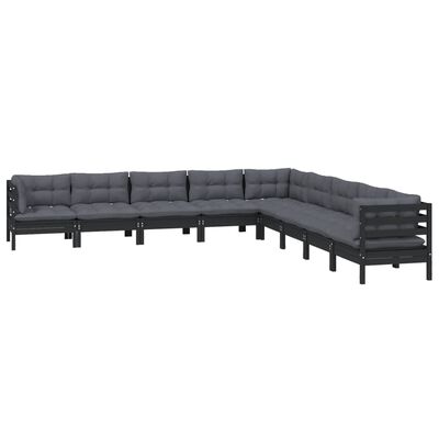 vidaXL 9 Piece Garden Lounge Set with Cushions Black Solid Pinewood