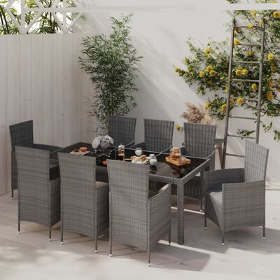 vidaXL 9 Piece Outdoor Dining Set with Cushions Poly Rattan Grey