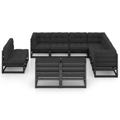 vidaXL 11 Piece Garden Lounge Set with Cushions Black Solid Pinewood