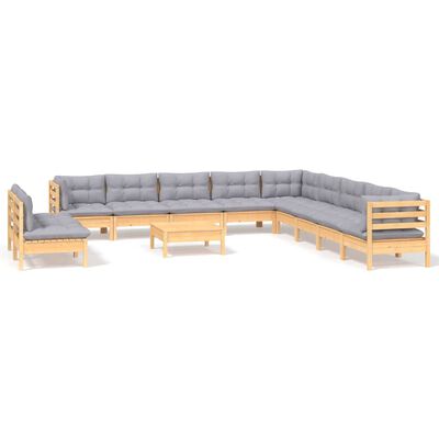 vidaXL 12 Piece Garden Lounge Set with Grey Cushions Solid Pinewood