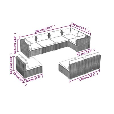 vidaXL 8 Piece Garden Lounge Set with Cushions Poly Rattan Brown