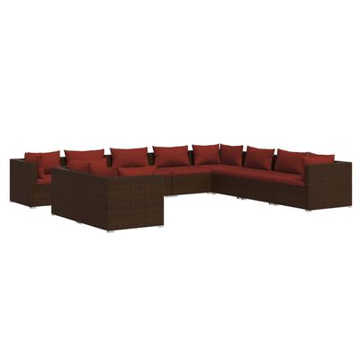 vidaXL 10 Piece Garden Lounge Set with Cushions Brown Poly Rattan