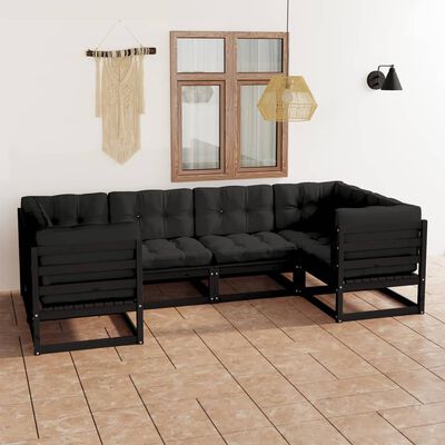 vidaXL 6 Piece Garden Lounge Set with Cushions Black Solid Pinewood