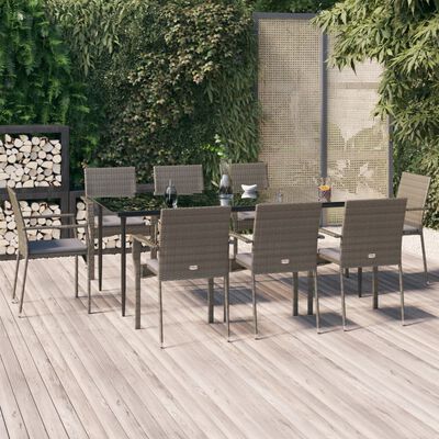 vidaXL 9 Piece Garden Dining Set with Cushions Black and Grey Poly Rattan