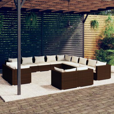 vidaXL 13 Piece Garden Lounge Set with Cushions Brown Poly Rattan