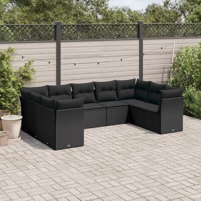 vidaXL 9 Piece Garden Sofa Set with Cushions Black Poly Rattan