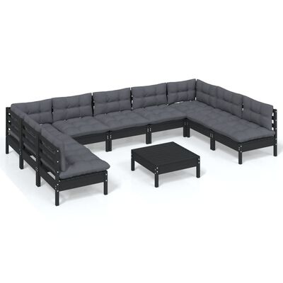 vidaXL 10 Piece Garden Lounge Set with Cushions Black Solid Pinewood