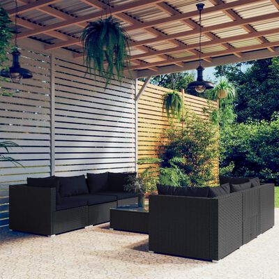 vidaXL 7 Piece Garden Lounge Set with Cushions Poly Rattan Black