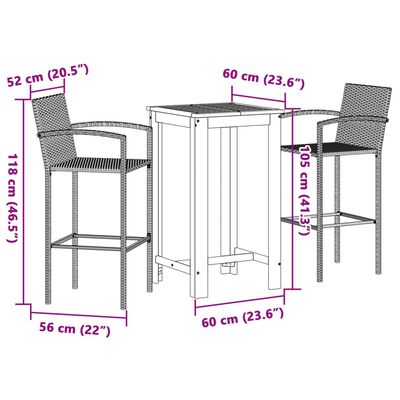 vidaXL 3 Piece Garden Bar Set Grey Solid Wood Acacia and Poly Rattan