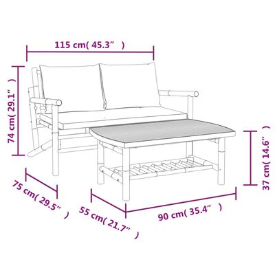 vidaXL 2 Piece Garden Lounge Set with Cream White Cushions Bamboo