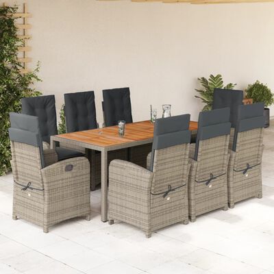 vidaXL 9 Piece Garden Dining Set with Cushions Grey Poly Rattan