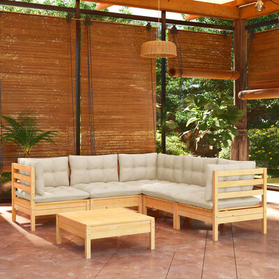 vidaXL 6 Piece Garden Lounge Set with Cream Cushions Solid Pinewood