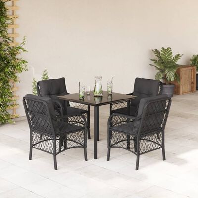 vidaXL 5 Piece Garden Dining Set with Cushions Black Poly Rattan