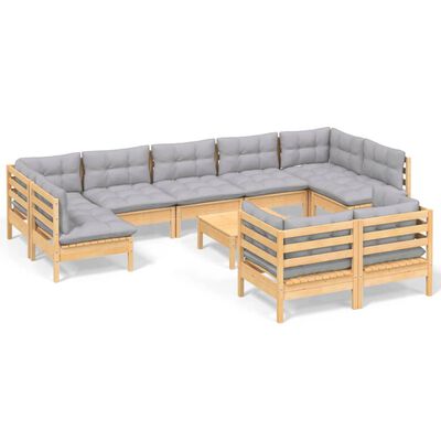 vidaXL 10 Piece Garden Lounge Set with Grey Cushions Solid Pinewood