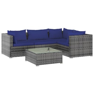 vidaXL 5 Piece Garden Lounge Set with Cushions Poly Rattan Grey