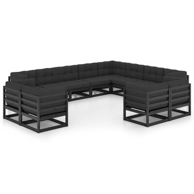 vidaXL 12 Piece Garden Lounge Set with Cushions Black Solid Pinewood