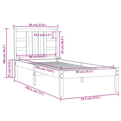 vidaXL Bed Frame White Solid Wood 90x190 cm Single