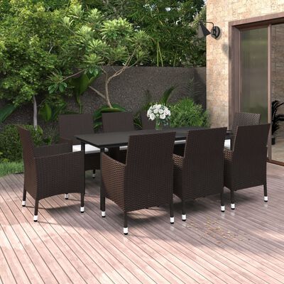 vidaXL 9 Piece Garden Dining Set with Cushions Poly Rattan and Glass