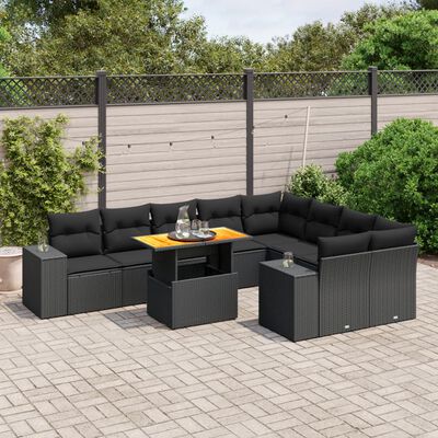 vidaXL 10 Piece Garden Sofa Set with Cushions Black Poly Rattan