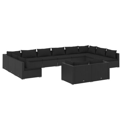 vidaXL 12 Piece Garden Lounge Set with Cushions Black Poly Rattan