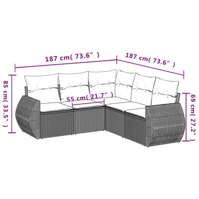 vidaXL 5 Piece Garden Sofa Set with Cushions Grey Poly Rattan