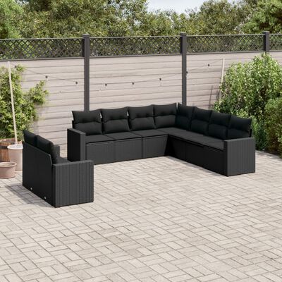 vidaXL 9 Piece Garden Sofa Set with Cushions Black Poly Rattan