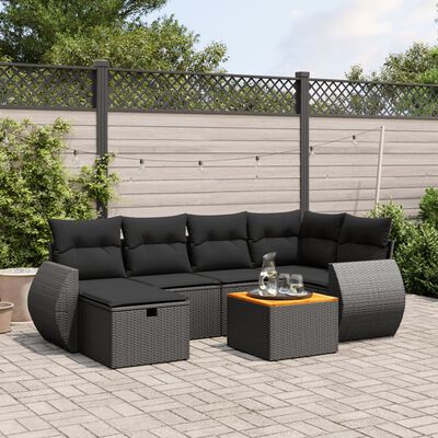 vidaXL 7 Piece Garden Sofa Set with Cushions Black Poly Rattan