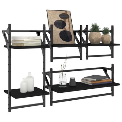 vidaXL 4 Piece Wall Shelf Set with Bars Black Engineered Wood