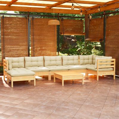 vidaXL 8 Piece Garden Lounge Set with Cream Cushions Solid Pinewood