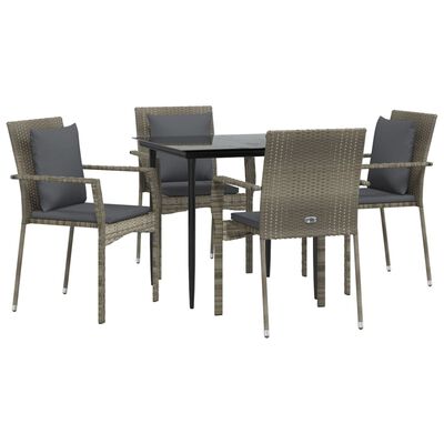 vidaXL 5 Piece Garden Dining Set with Cushions Black and Grey Poly Rattan