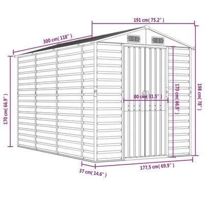 vidaXL Garden Shed Light Grey 191x300x198 cm Galvanised Steel