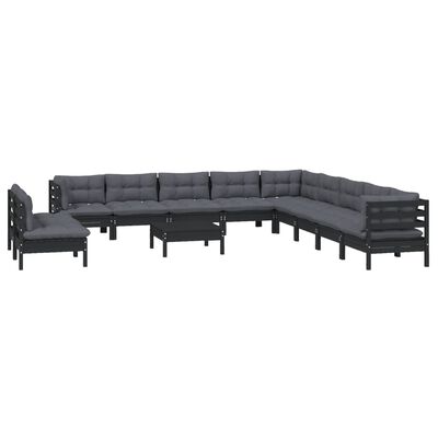 vidaXL 12 Piece Garden Lounge Set with Cushions Black Solid Pinewood