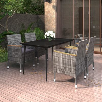 vidaXL 5 Piece Garden Dining Set with Cushions Poly Rattan and Glass