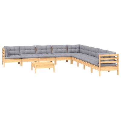 vidaXL 10 Piece Garden Lounge Set with Grey Cushions Solid Pinewood