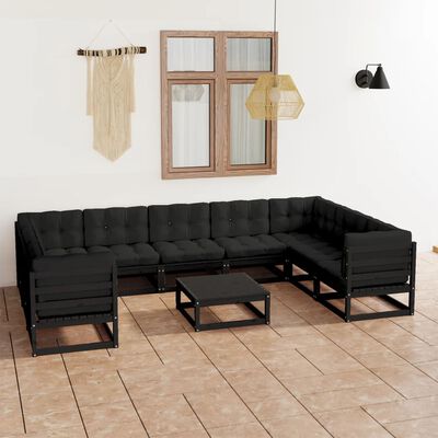 vidaXL 10 Piece Garden Lounge Set with Cushions Black Solid Pinewood