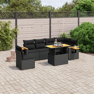 vidaXL 7 Piece Garden Sofa Set with Cushions Black Poly Rattan