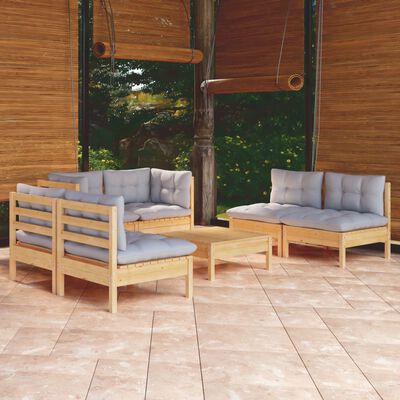 vidaXL 7 Piece Garden Lounge Set with Grey Cushions Solid Pinewood