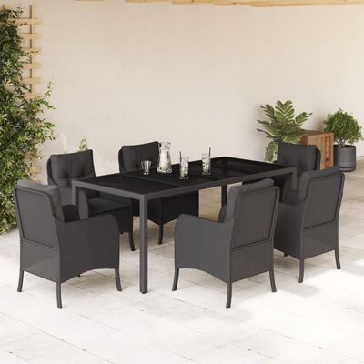 vidaXL 7 Piece Garden Dining Set with Cushions Black Poly Rattan