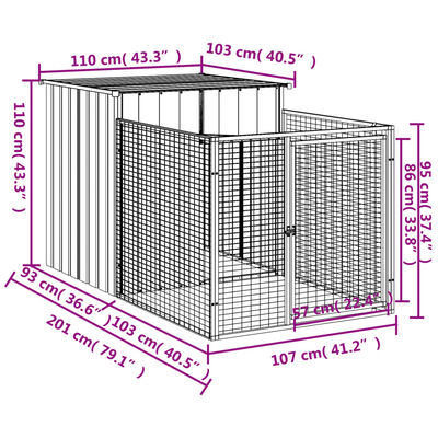 vidaXL Dog House with Run Anthracite 110x201x110 cm Galvanised Steel