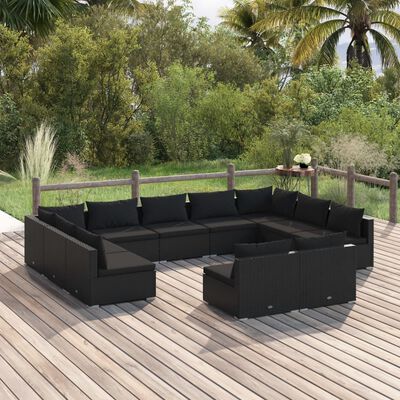 vidaXL 11 Piece Garden Lounge Set with Cushions Black Poly Rattan