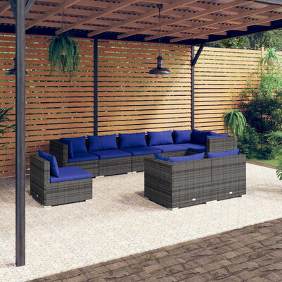 vidaXL 9 Piece Garden Lounge Set with Cushions Poly Rattan Grey