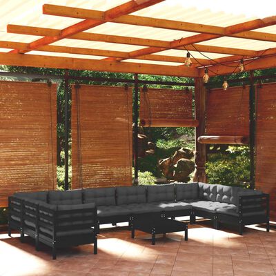 vidaXL 11 Piece Garden Lounge Set with Cushions Black Pinewood