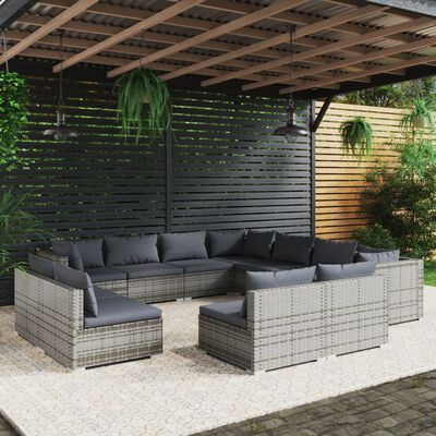 vidaXL 11 Piece Garden Lounge Set with Cushions Grey Poly Rattan