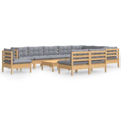 vidaXL 11 Piece Garden Lounge Set with Grey Cushions Solid Pinewood